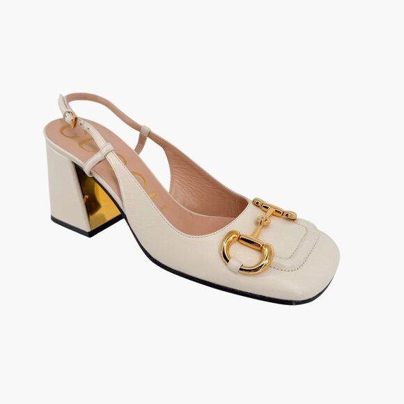 Gucci Baby Horsebit White Leather Slingback Pumps Block Heels Size 37.5 US 7.5 - Picture 9 of 15